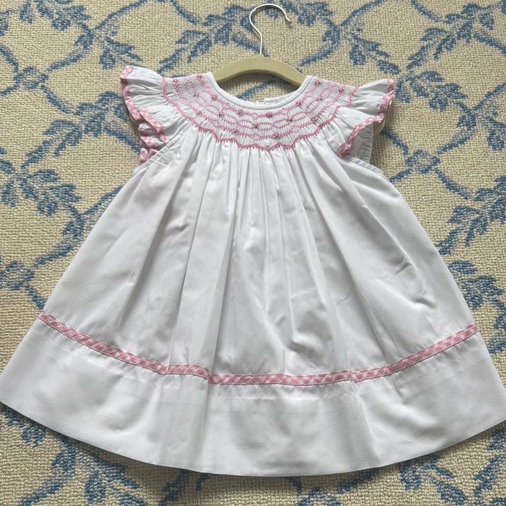 Marco & Lizzy White Dress with Pink smocking